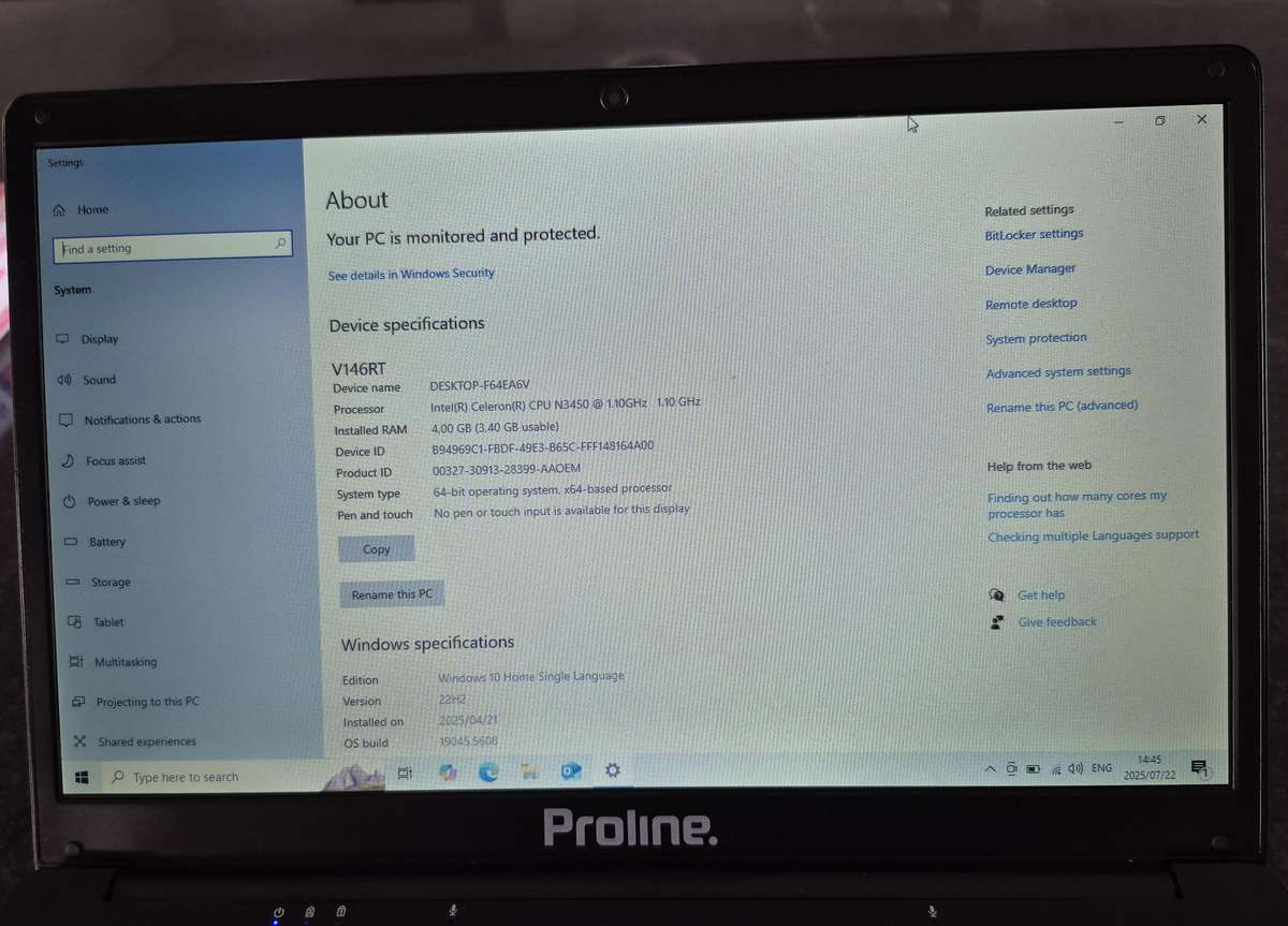 Proline V146RT Celeron N3450 64Gb Storage 4gb Ram