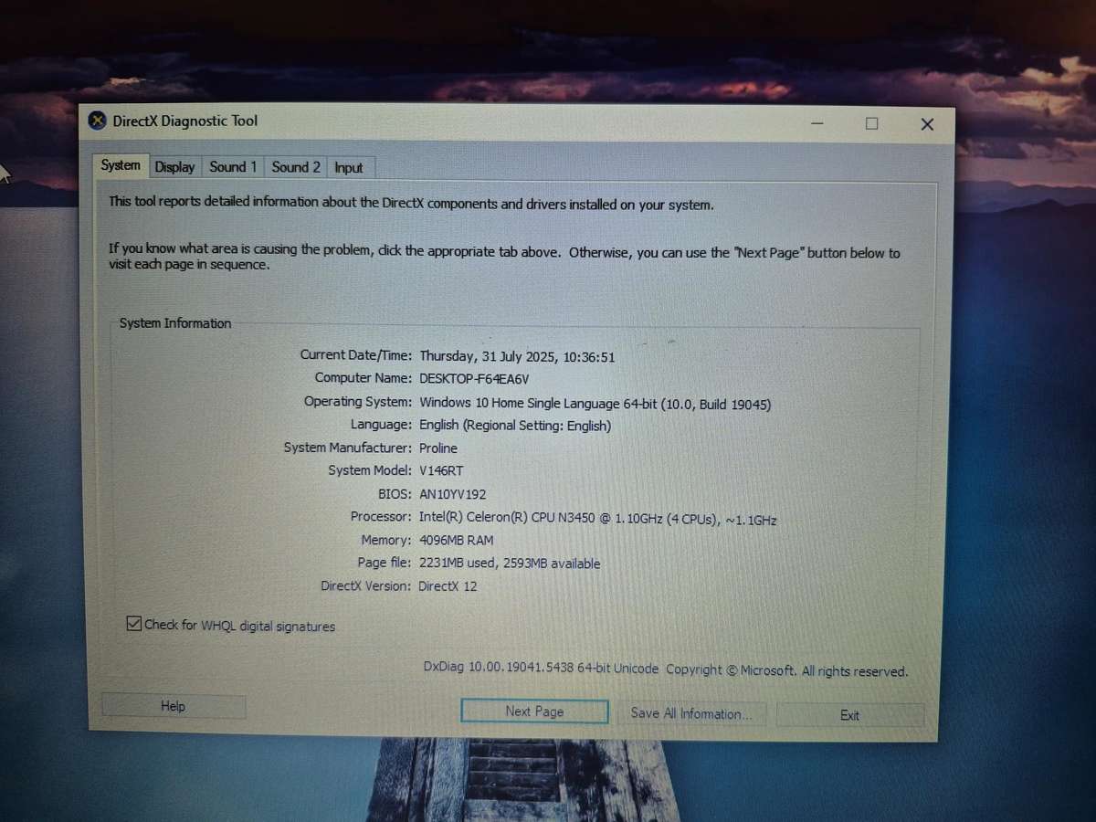 Proline V146RT Celeron N3450 64Gb Storage 4gb Ram