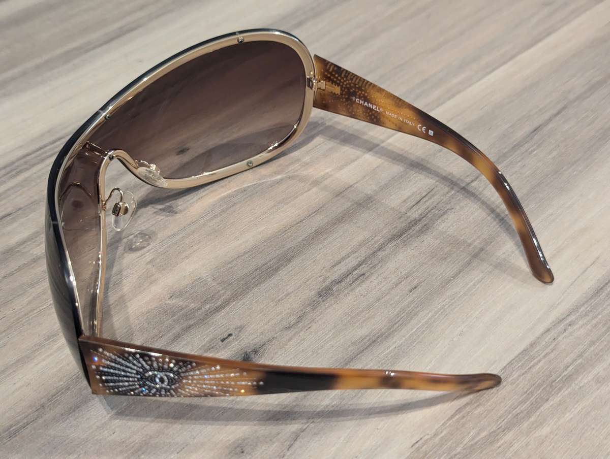 Chanel 4148-B Tortoiseshell Mask Sunglasses, Crystal Rhinestone Logo - AUTHENTIC Chanel