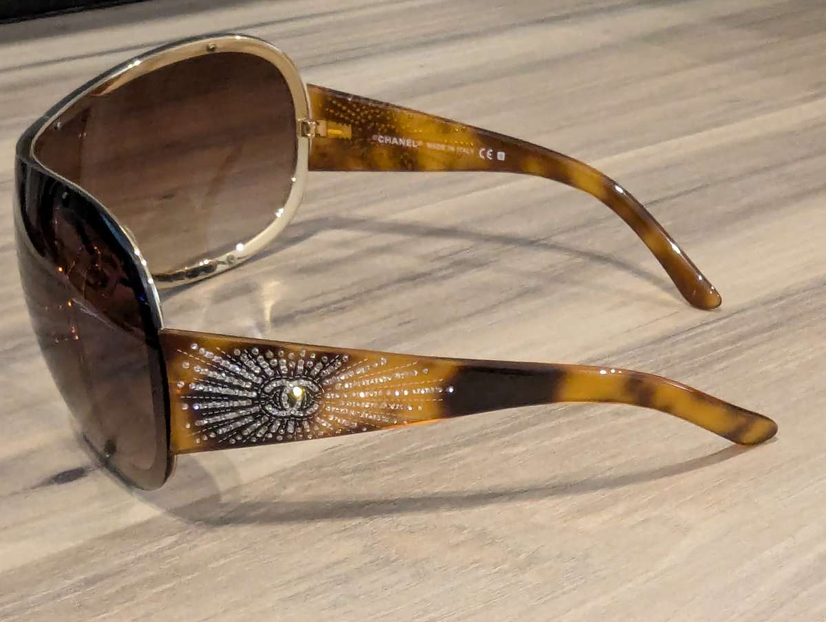 Chanel 4148-B Tortoiseshell Mask Sunglasses, Crystal Rhinestone Logo - AUTHENTIC Chanel