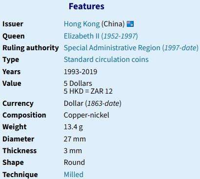 1993 Five Dollars - Hong Kong