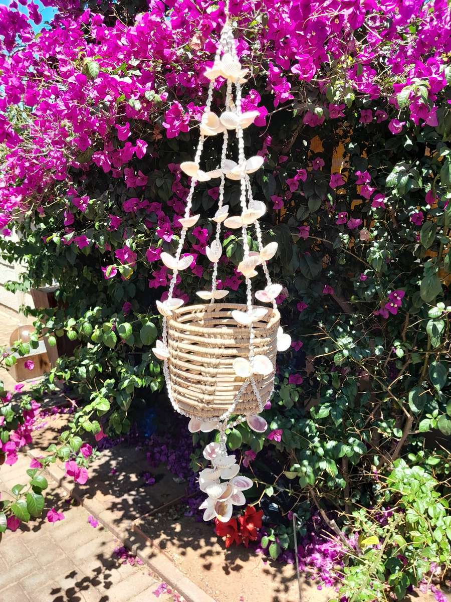 Sea shell bead basket including pot planter handmade