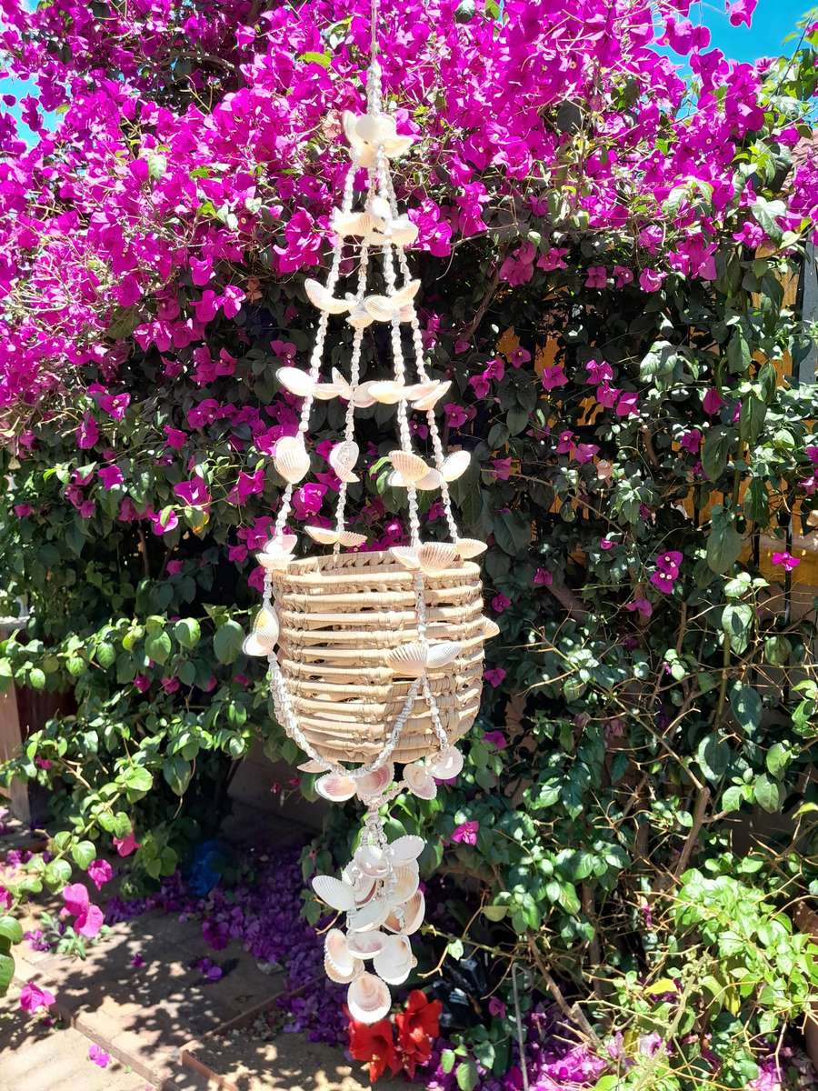 Sea shell bead basket including pot planter handmade