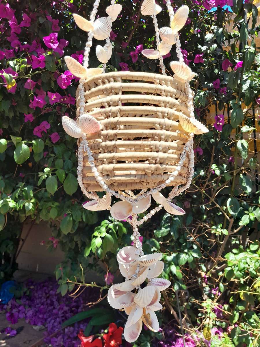 Sea shell bead basket including pot planter handmade