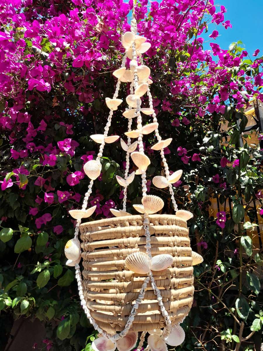 Sea shell bead basket including pot planter handmade
