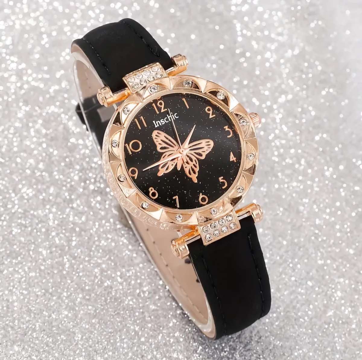 6pcs Chic Butterfly Quartz Watch & Jewelry Set - Elegant Rhinestone, Faux Leather Strap