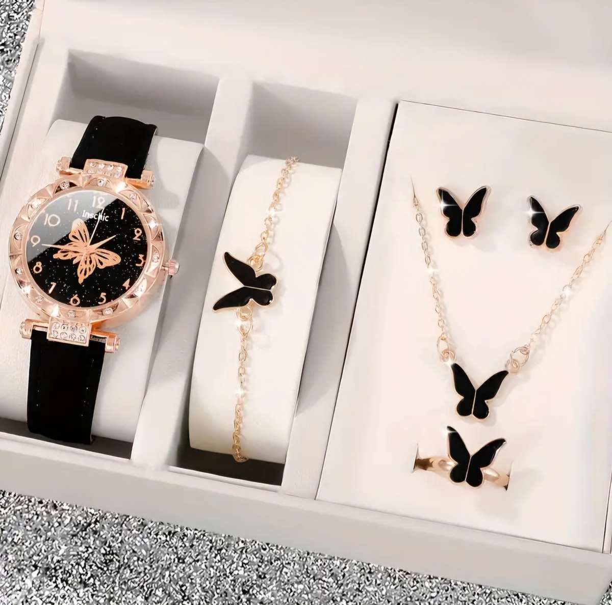 6pcs Chic Butterfly Quartz Watch & Jewelry Set - Elegant Rhinestone, Faux Leather Strap