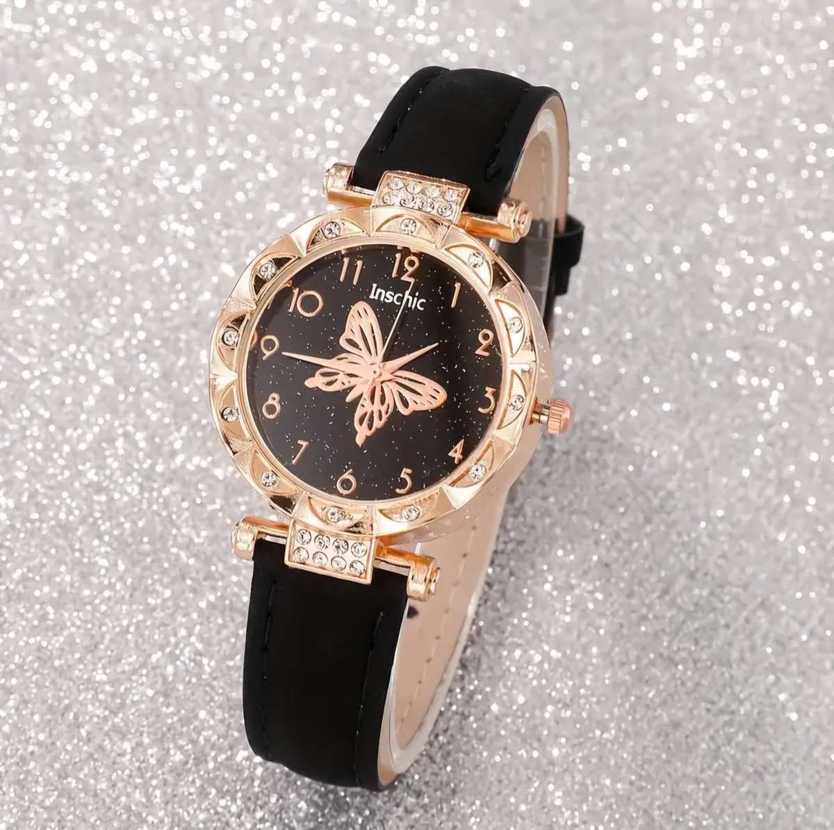 6pcs Chic Butterfly Quartz Watch & Jewelry Set - Elegant Rhinestone, Faux Leather Strap