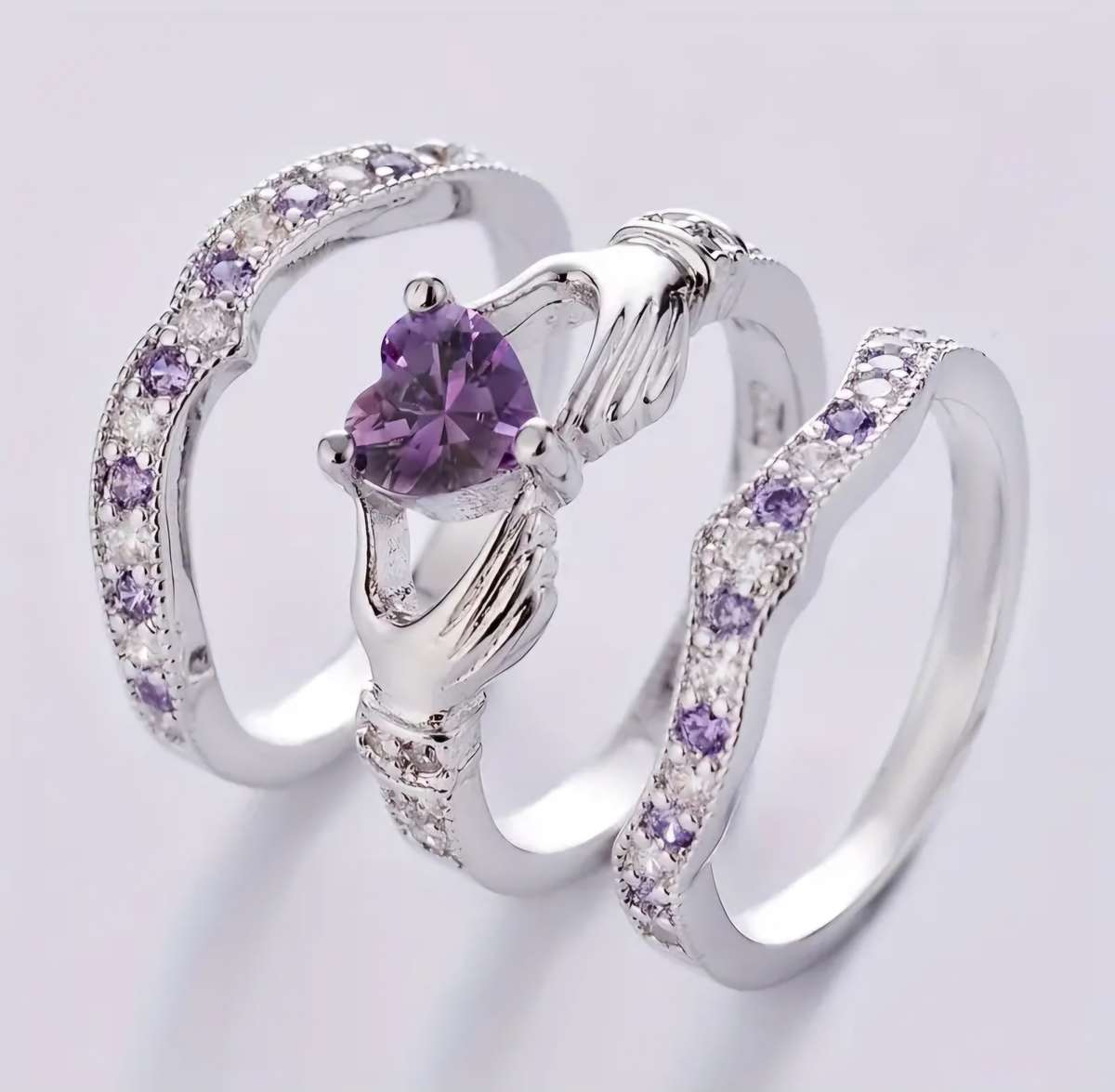 3pcs Trendy Rings, Classic Hollow Love Gesture Stacking Cubic Zirconia Ring