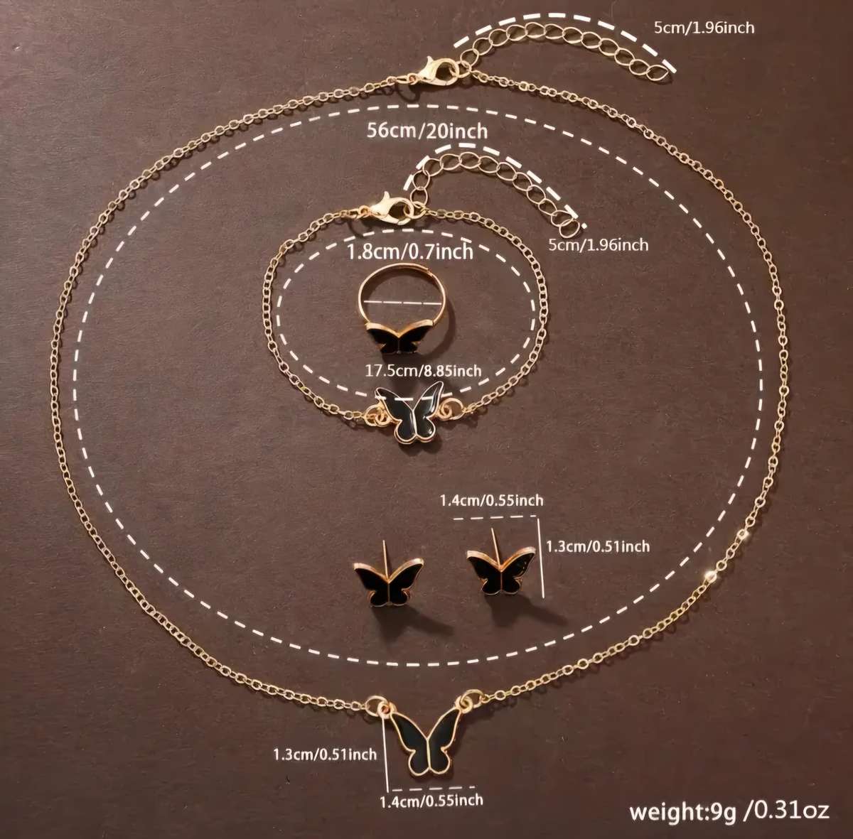 6pcs Chic Butterfly Quartz Watch & Jewelry Set - Elegant Rhinestone, Faux Leather Strap