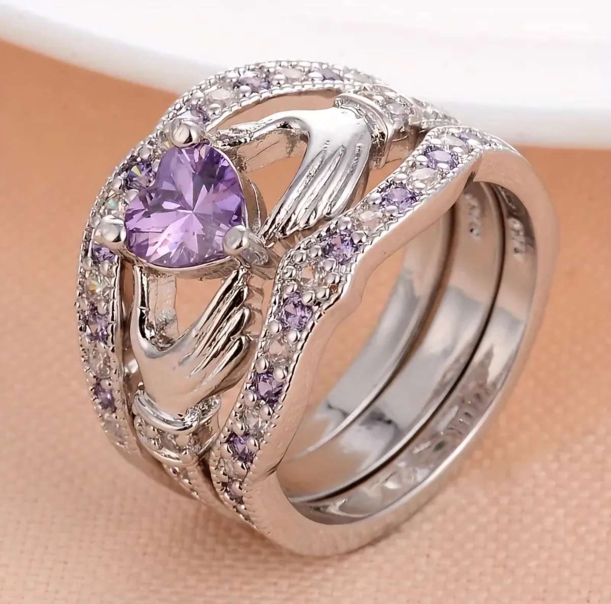 3pcs Trendy Rings, Classic Hollow Love Gesture Stacking Cubic Zirconia Ring