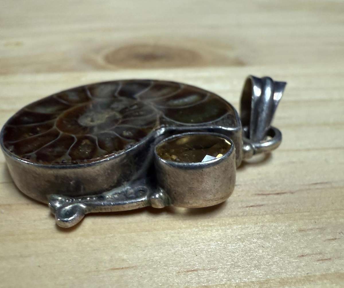 Sterling silver snail "fossil" with citrine stone