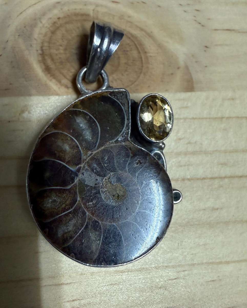 Sterling silver snail "fossil" with citrine stone