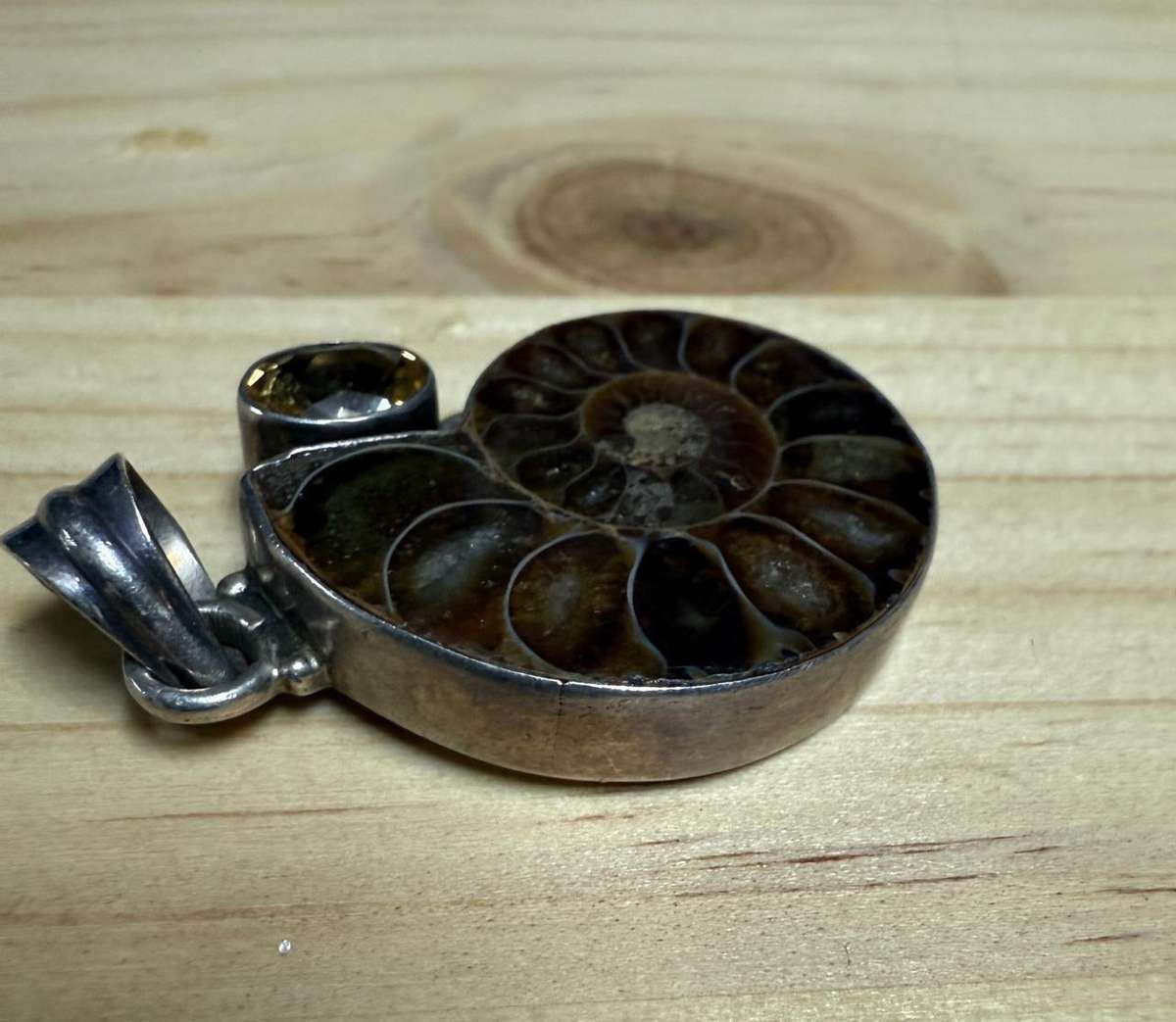 Sterling silver snail "fossil" with citrine stone