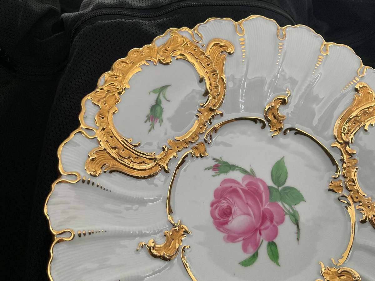 Meissen Porcelain Plate With Gilt and Hand Painted Pint Roses