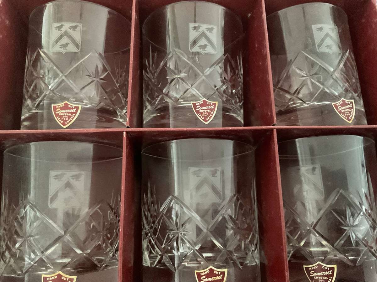 A boxed set of 6 unused Somerset Crystal Whisky glasses 330ml