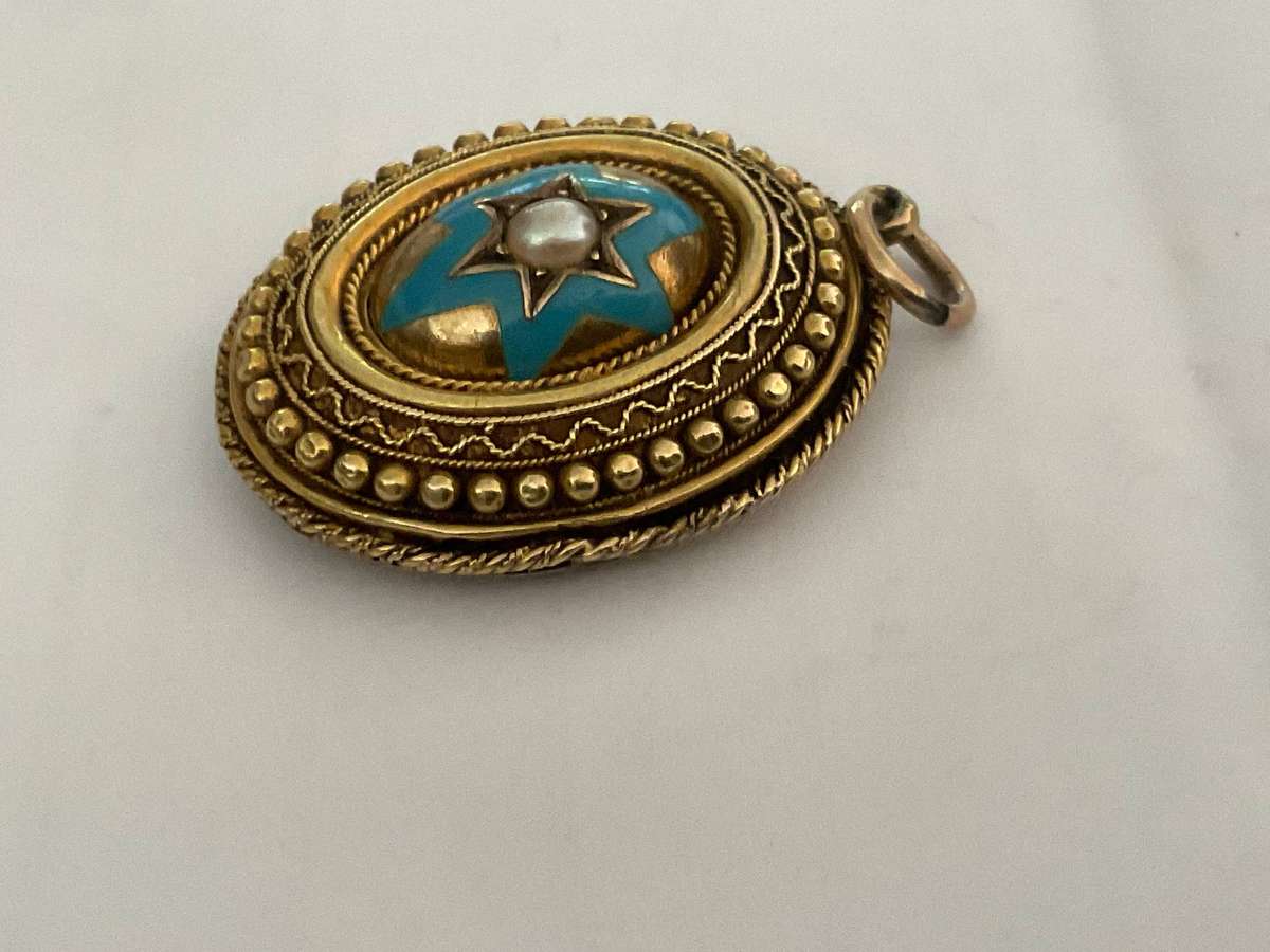 Victorian 14ct gold and blue enamel & pearl locket back pendant