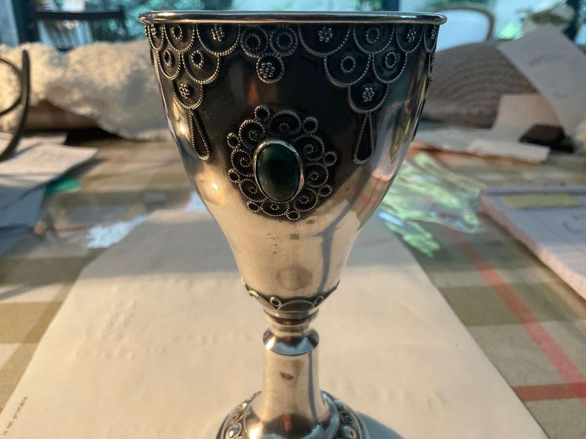 Judaica Solid Silver 3 stone ,Kiddush cup.