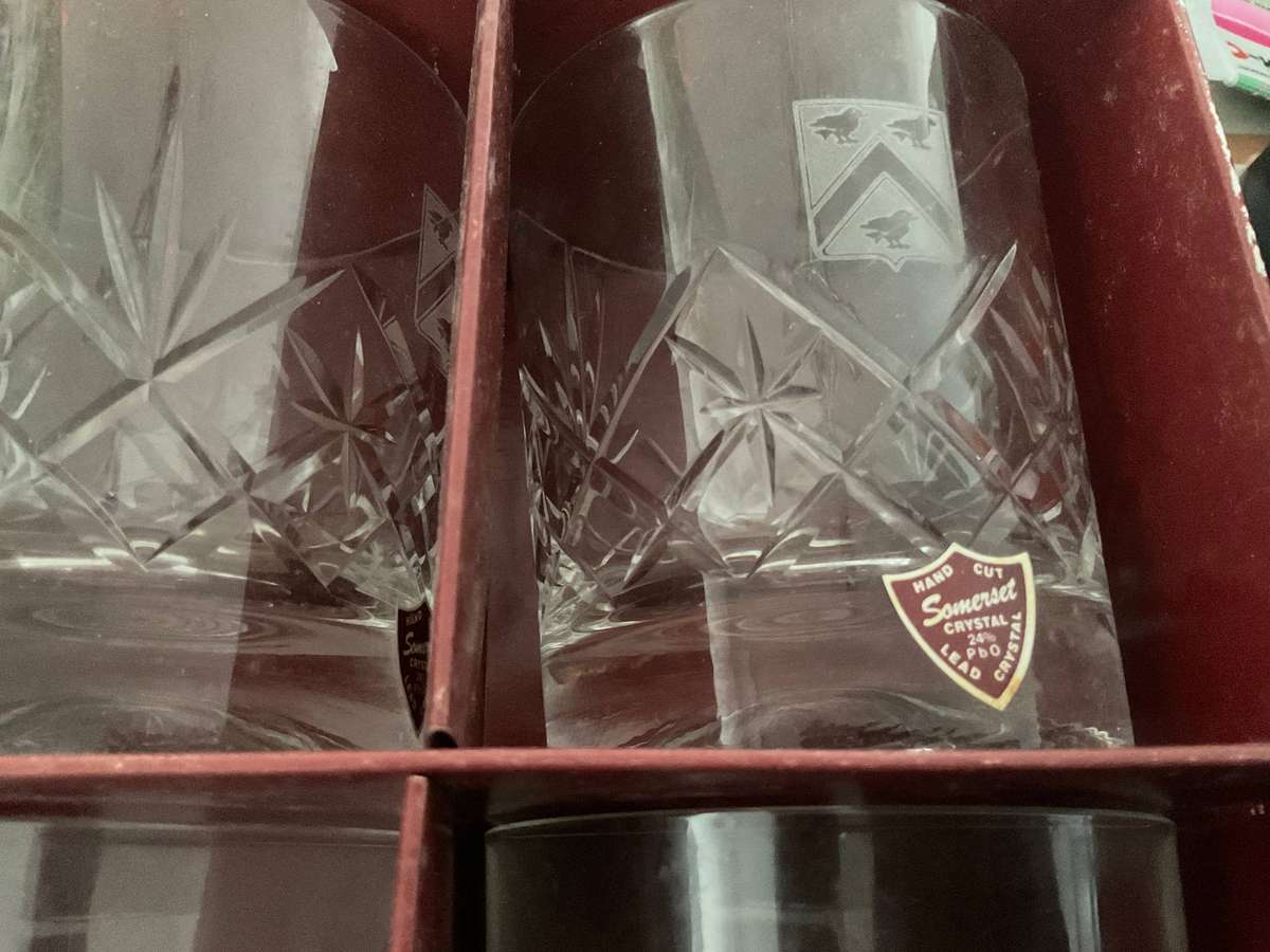 A boxed set of 6 unused Somerset Crystal Whisky glasses 330ml