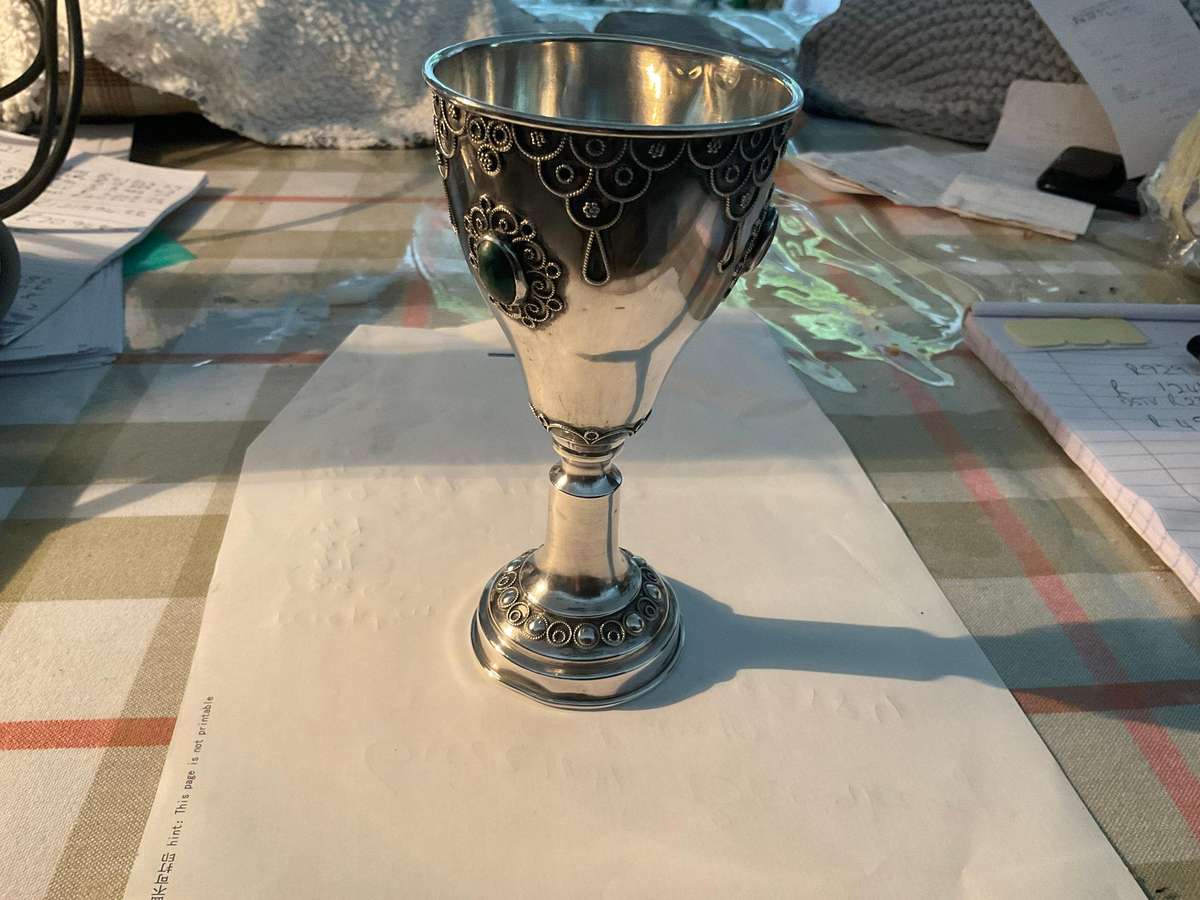 Judaica Solid Silver 3 stone ,Kiddush cup.