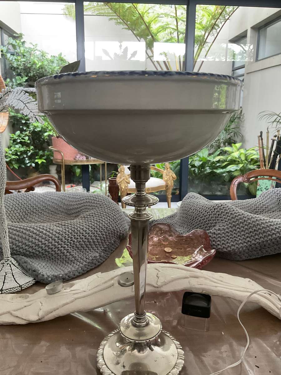 An Outstanding Quality Silver Plated Lamp with a Flow Blue Shade