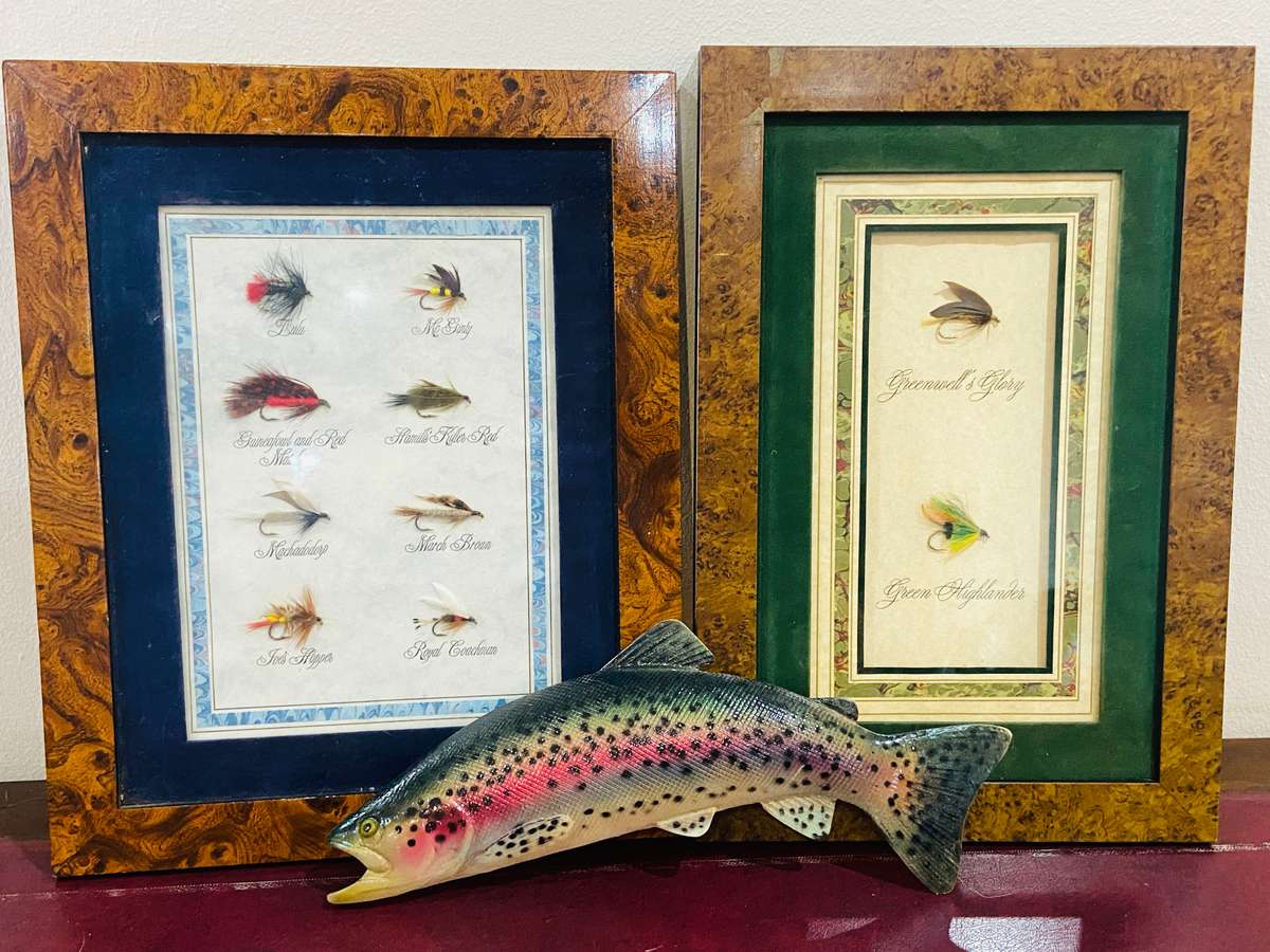 FLY FISHING LOT - WALL HANGER & TWO FRAMES WITH FLIES