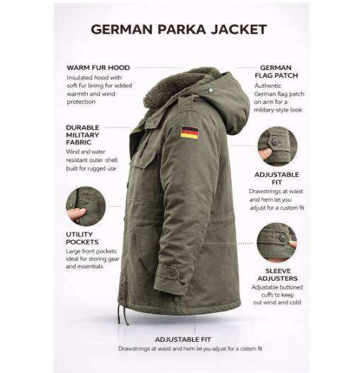 Original German Unisex Parka Jacket + Camo Fleece Hat (3XLarge)