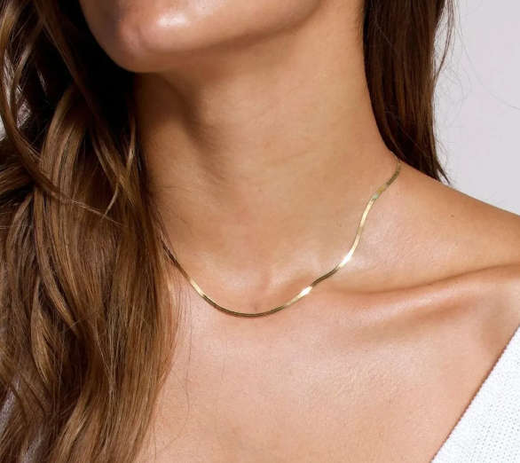 Gold Plated Non Tarnish Stainless Steel 3mm Wide Herringbone Necklace