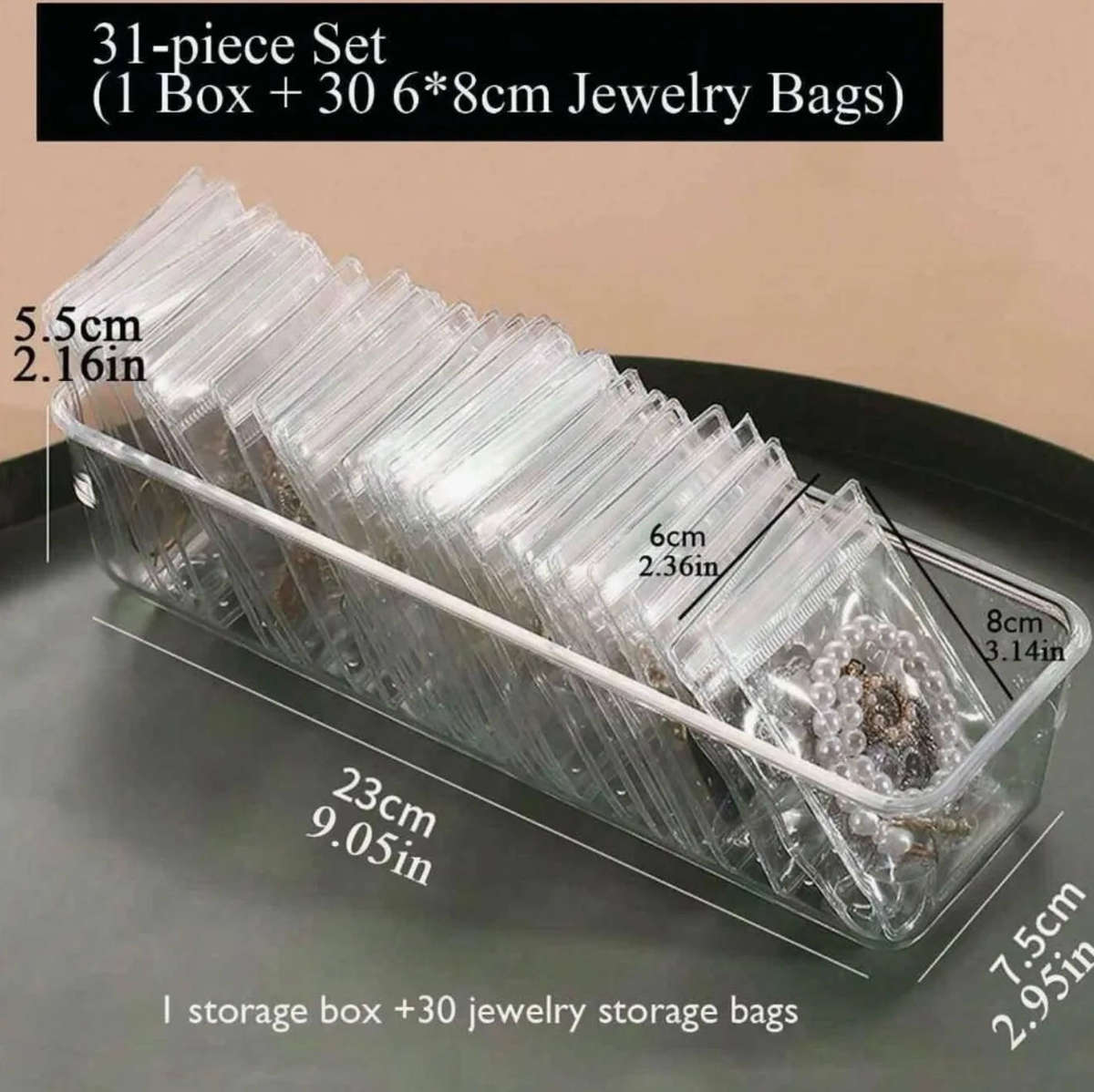 31 Piece Set: Clear Jewellery Storage Box with 30 x Antioxidation Ziplock Pouches
