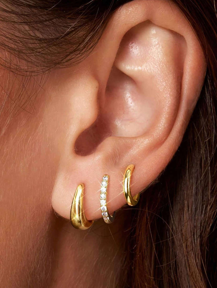 Beautiful Set of 3 Gold Plated Stainless Steel Mixed Design Waterproof Hoop and Huggie Earrings