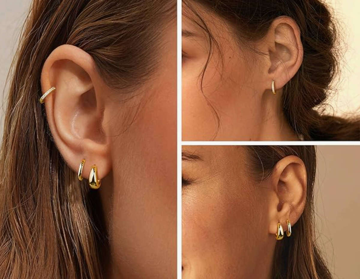 Beautiful Set of 3 Gold Plated Stainless Steel Mixed Design Waterproof Hoop and Huggie Earrings