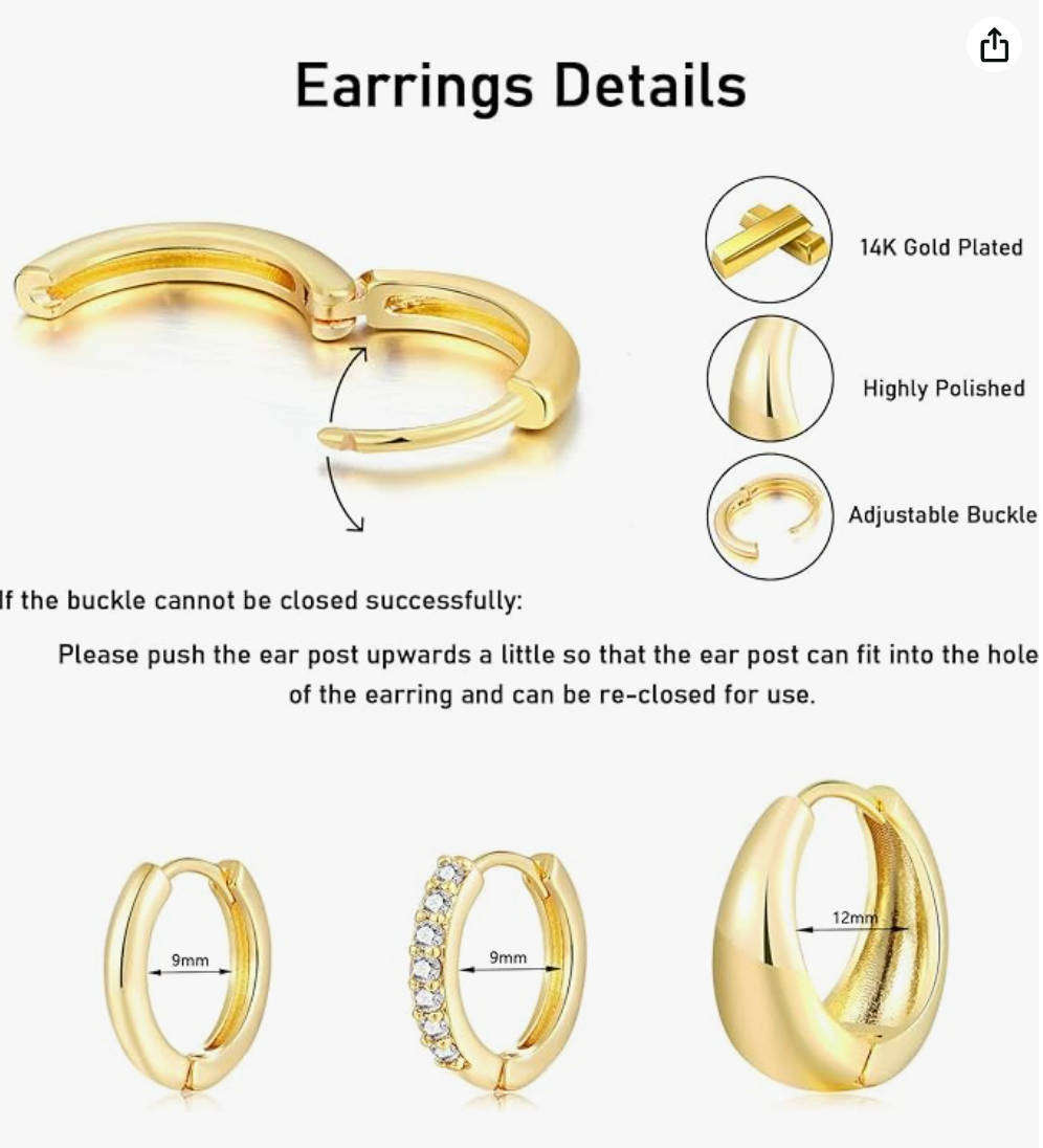 Beautiful Set of 3 Gold Plated Stainless Steel Mixed Design Waterproof Hoop and Huggie Earrings