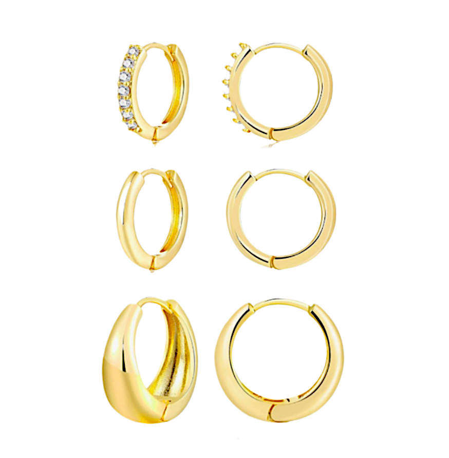 Beautiful Set of 3 Gold Plated Stainless Steel Mixed Design Waterproof Hoop and Huggie Earrings