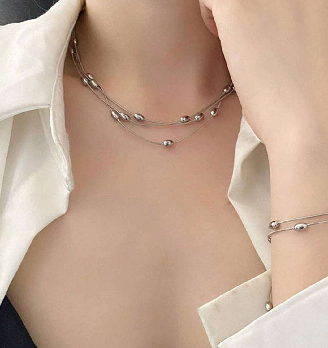 Silver Plated Multi Layer Oval Bead Necklace  Non-Tarnish, Hypoallergenic