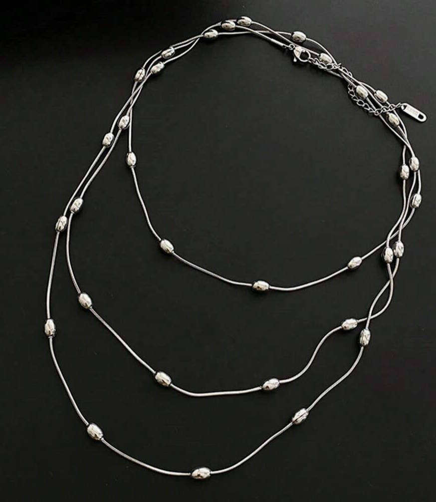 Silver Plated Multi Layer Oval Bead Necklace  Non-Tarnish, Hypoallergenic