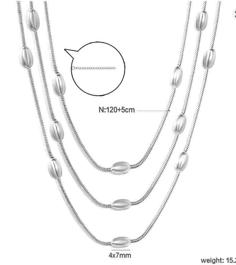 Silver Plated Multi Layer Oval Bead Necklace  Non-Tarnish, Hypoallergenic
