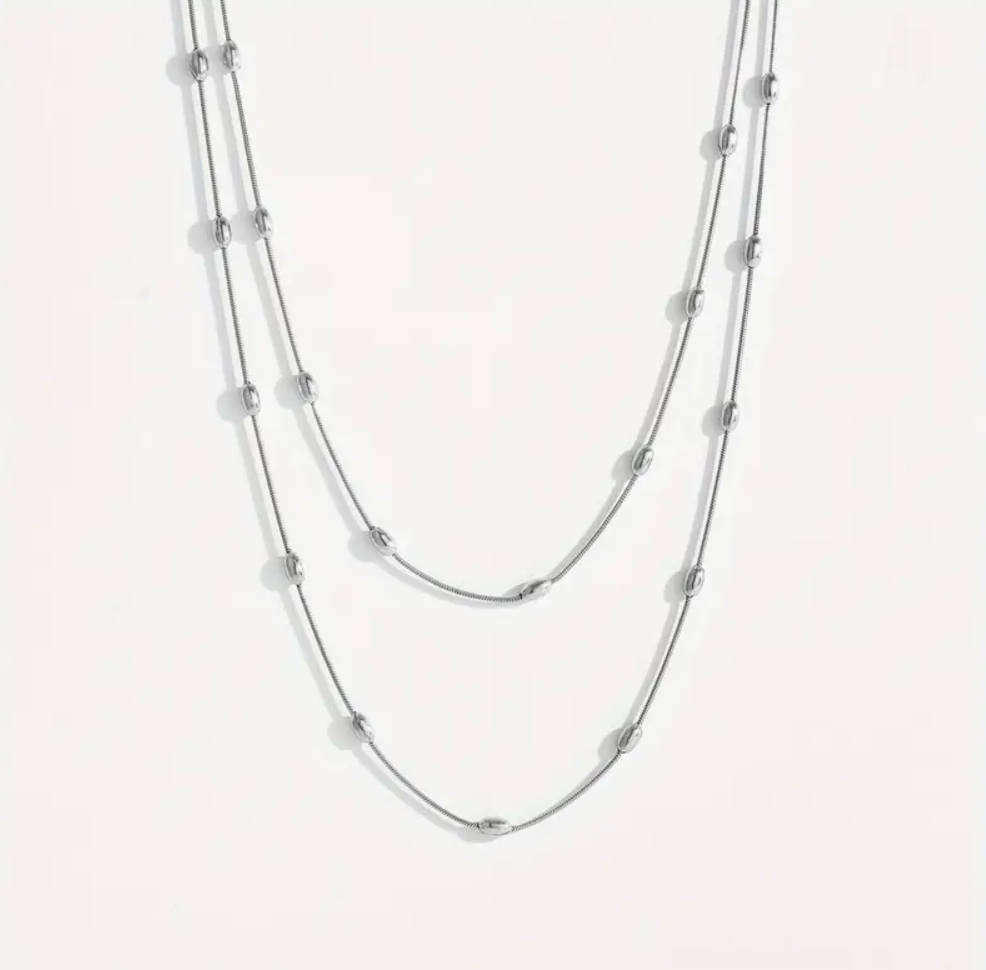 Silver Plated Multi Layer Oval Bead Necklace  Non-Tarnish, Hypoallergenic