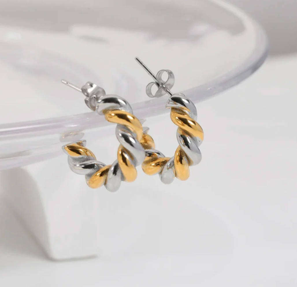 Braided Two Tone Silver and Gold Non Tarnish Earrings in Jewellery Box