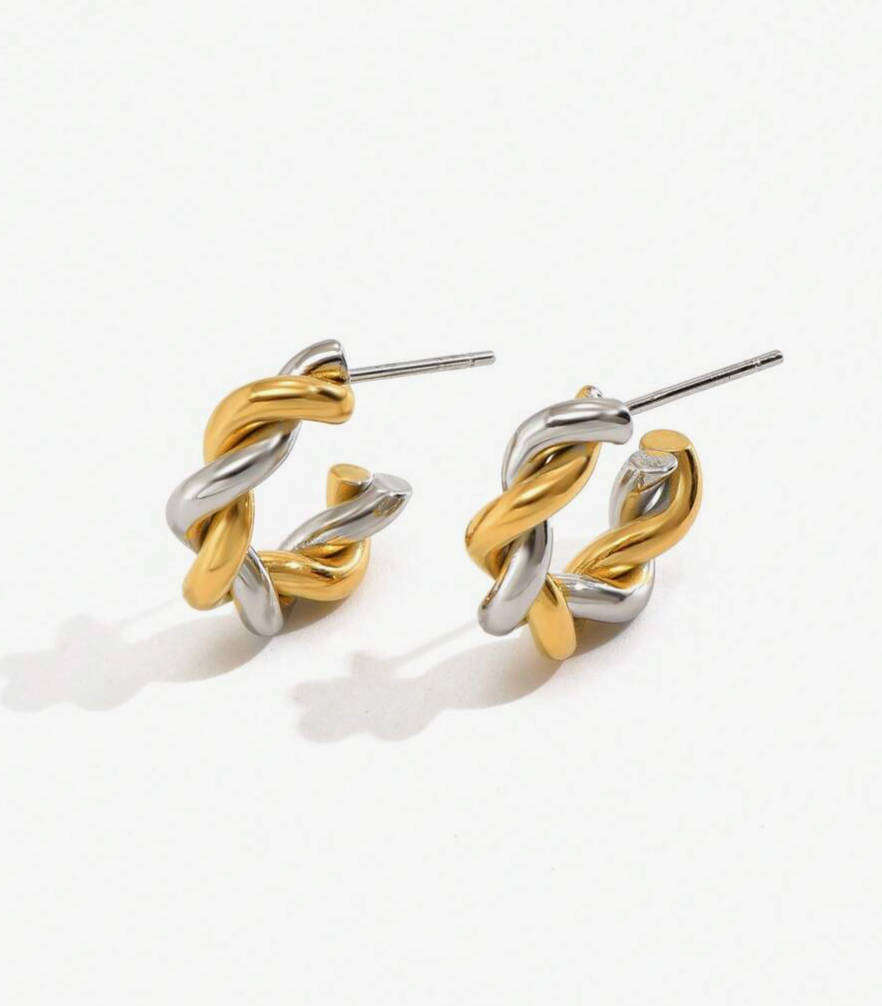 Braided Two Tone Silver and Gold Non Tarnish Earrings in Jewellery Box