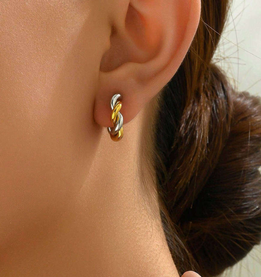 Braided Two Tone Silver and Gold Non Tarnish Earrings in Jewellery Box