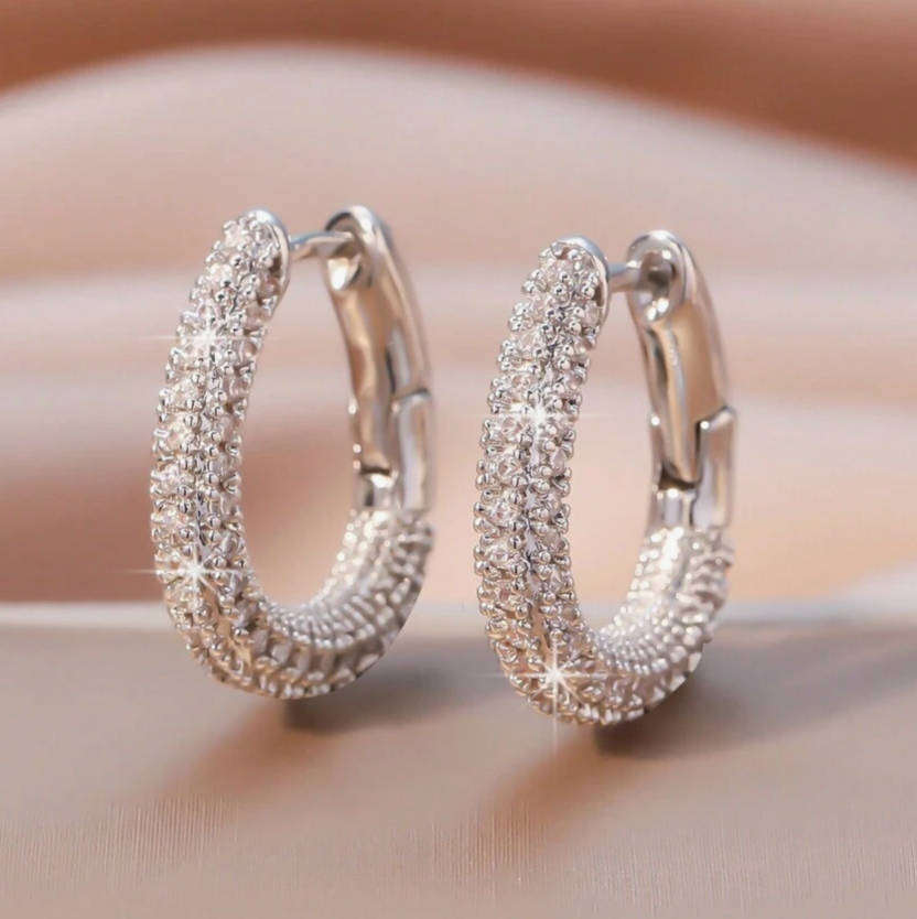 Elegant Crystal Pavé Huggie Hoop Earrings  Silver Plated in Velvet Jewelry Gift Box