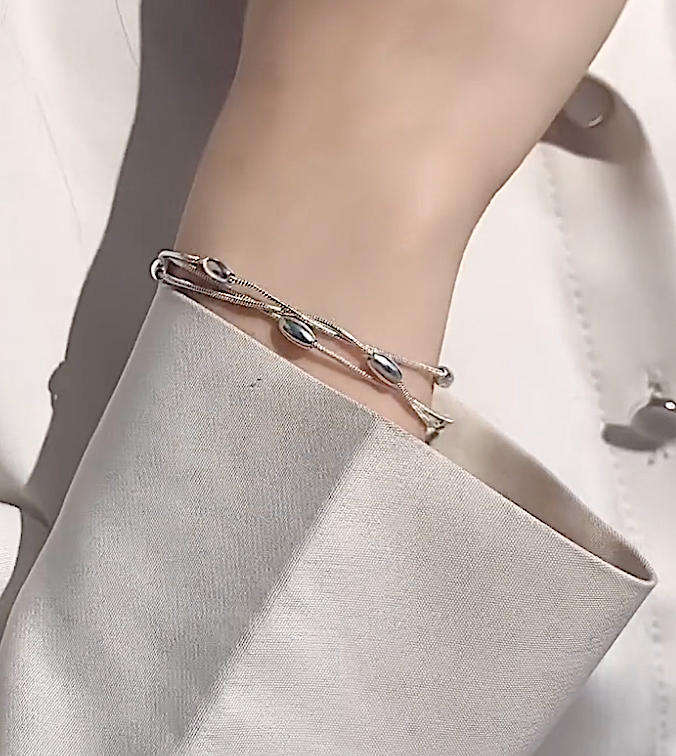 Silver Plated 925 Oval Bead Three Layer Snake Chain Bracelet Bangle