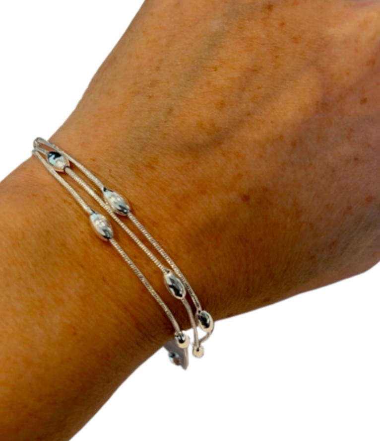 Silver Plated 925 Oval Bead Three Layer Snake Chain Bracelet Bangle