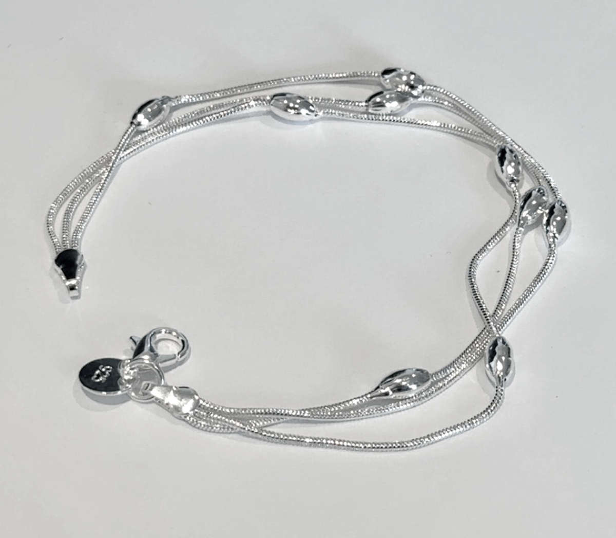 Silver Plated 925 Oval Bead Three Layer Snake Chain Bracelet Bangle