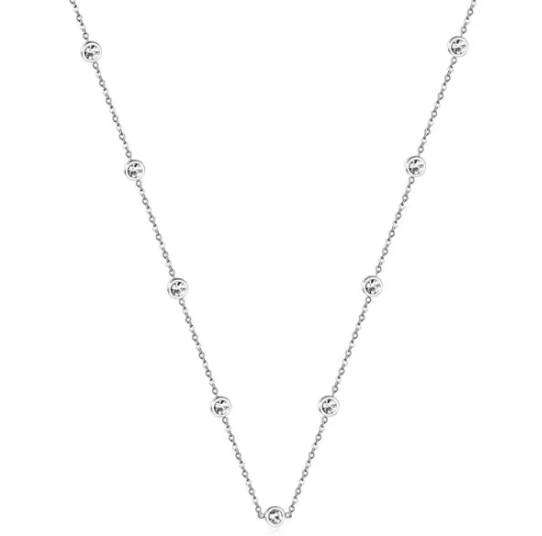 Silver Colour Stainless Steel Non Tarnish Necklace with White Cubic Zirconia 57cm + 5cm extender