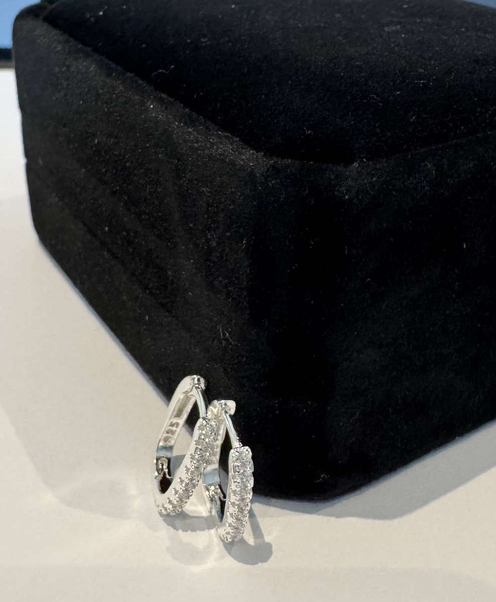 925 Tiny Single Row Crystal Huggie Hoop Earrings in Velvet Jewelry Gift Box