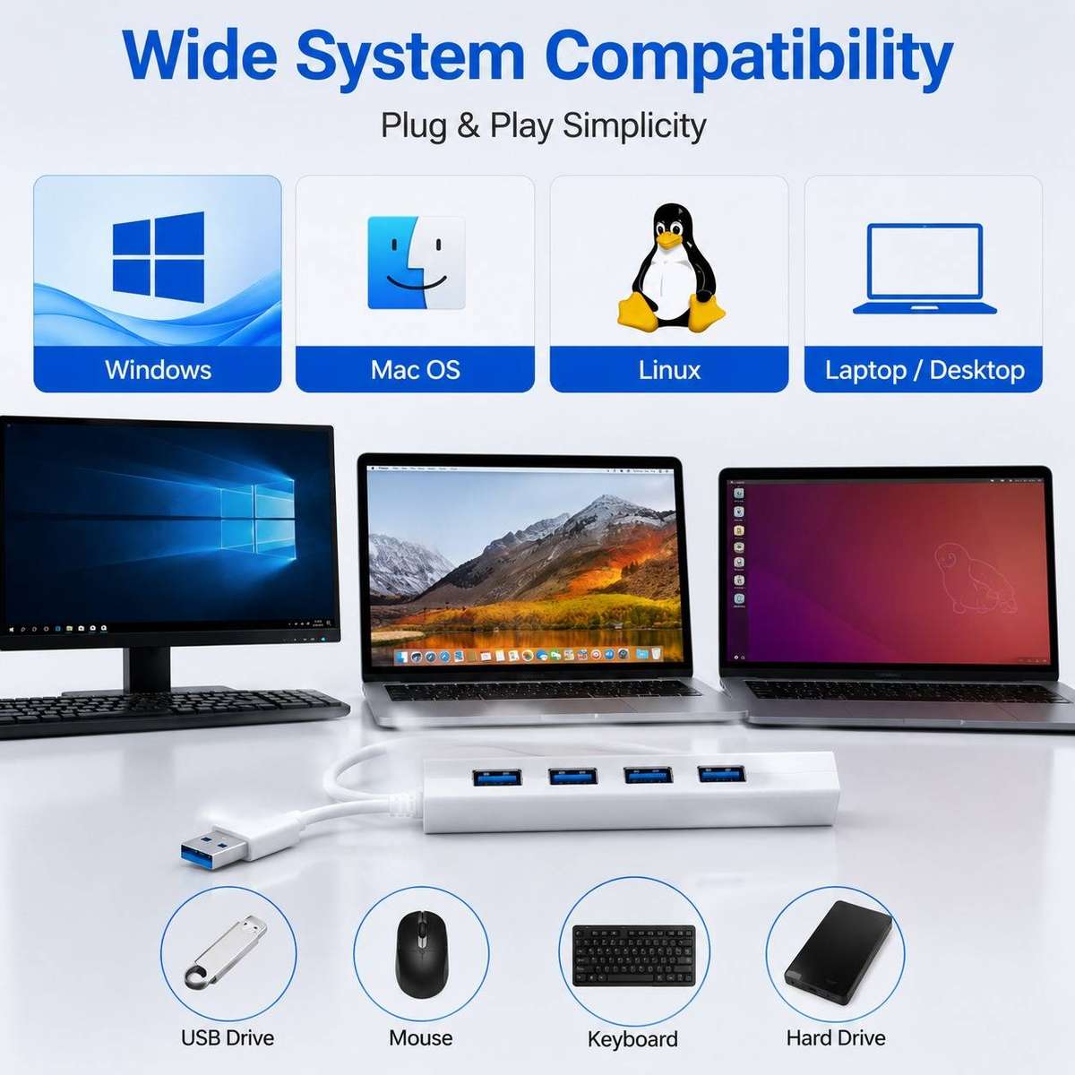 4 Port USB HUB USB 3.0 High Speed Multiport Adapter for Laptop PC MacBook Keyboard Mouse Flash Drive