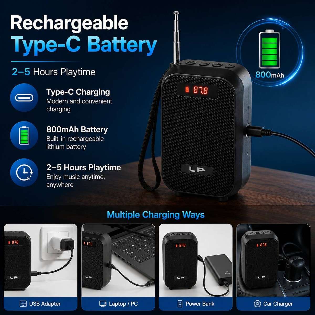 Portable Wireless Bluetooth Speaker 8W Mini Stereo USB TF Type-C Rechargeable Speaker