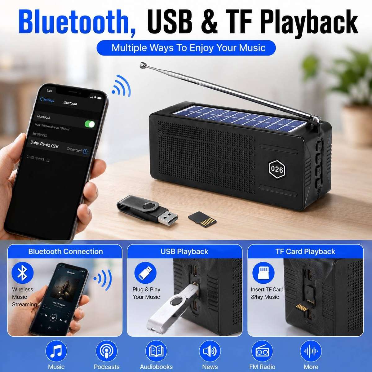 Portable Solar FM Radio with 74cm Long Antenna Bluetooth Speaker USB TF Player