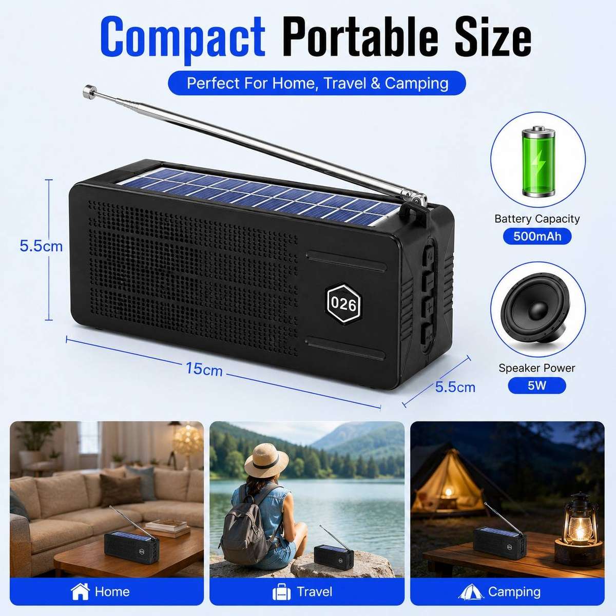 Portable Solar FM Radio with 74cm Long Antenna Bluetooth Speaker USB TF Player